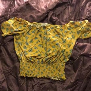 Cropped blue flower off shoulder shirt